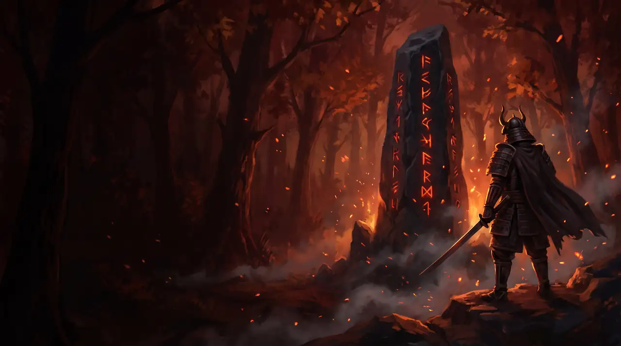 A warrior with his sword waiting before a Metin stone whose runes glow like embers in the Red Forest